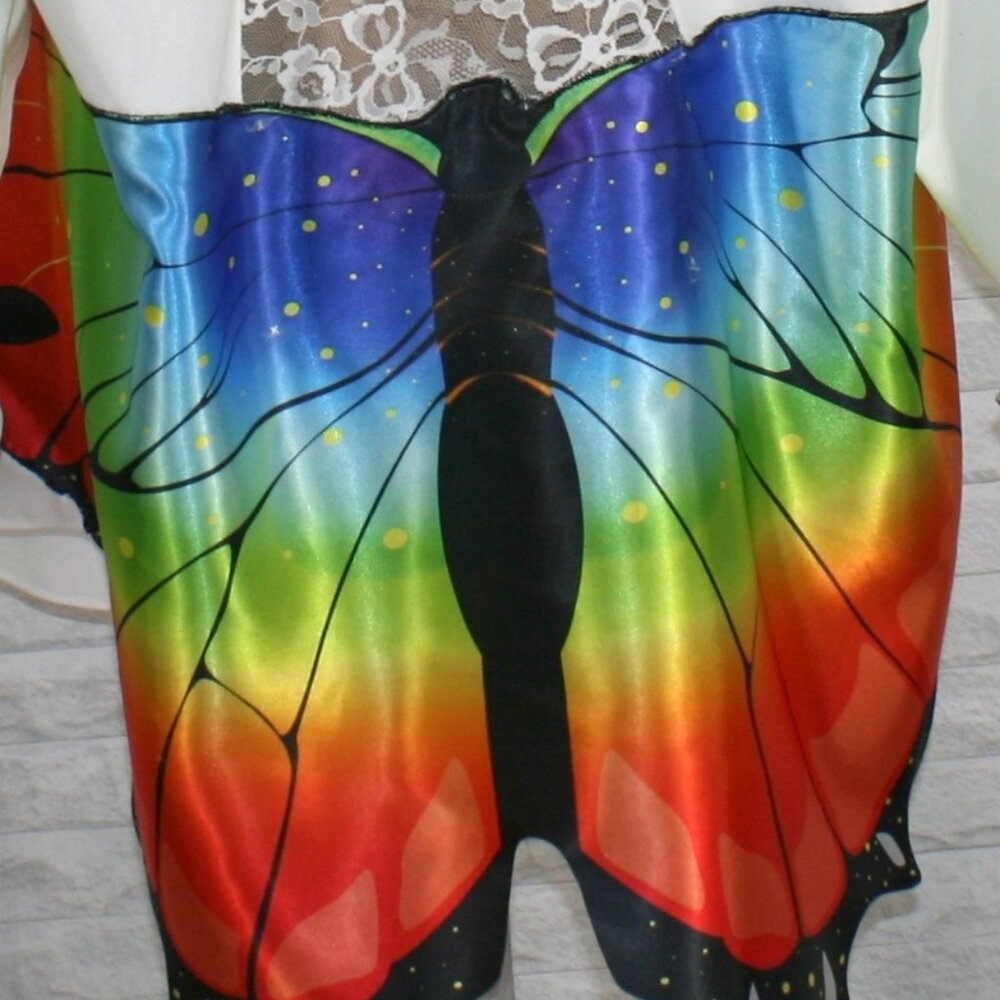 HAND CRAFTED Upcycled Shirt Shacket White Lace Swim Cover Butterfly Parrot Tie - Picture 7 of 16